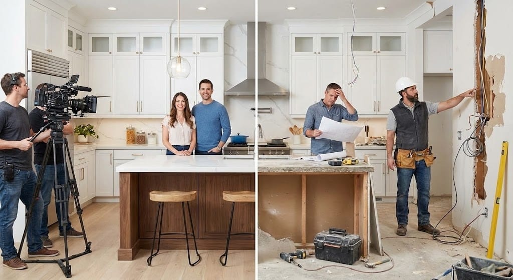 Split screen showing HGTV filming a dream kitchen vs. a messy construction reality.