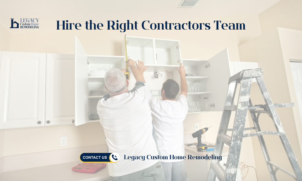 Two men work together on a kitchen cabinet, highlighting the importance of hiring the right contractors for home projects.