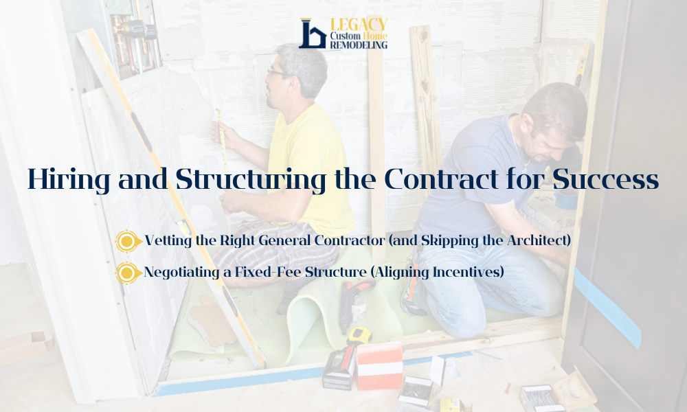 Two men work on a home remodeling project, one measuring a wall and the other adjusting tools. Text overlay promotes hiring and structuring contracts successfully, highlighting vetting contractors and negotiating fees. Logo reads 'Legacy Custom Home Remodeling.