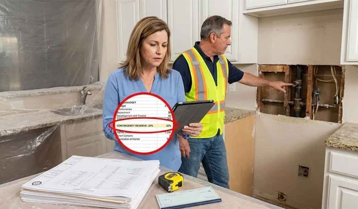 Contractor discussing a 20% contingency reserve on a budget spreadsheet for a Houston home remodel.