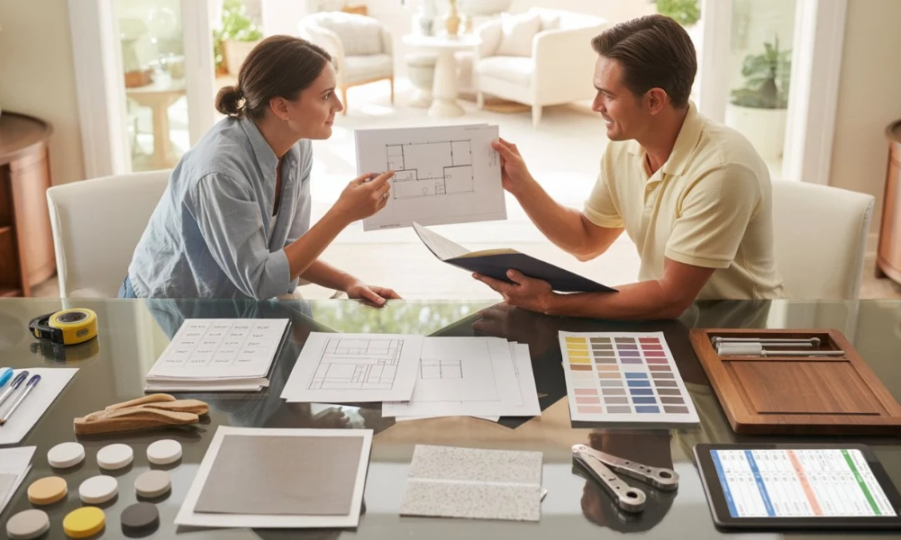 Man and woman reviewing architectural plans with design materials and color palettes in bright room to prepare for home remodel