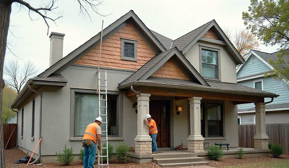 Construction workers performing exterior renovations, showing how a Houston home remodel begins