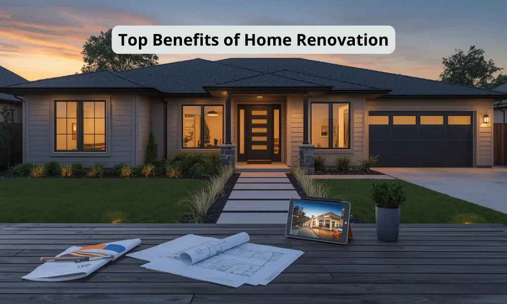 Modern home exterior at dusk with renovation plans on a table, highlighting the benefits of home renovation.