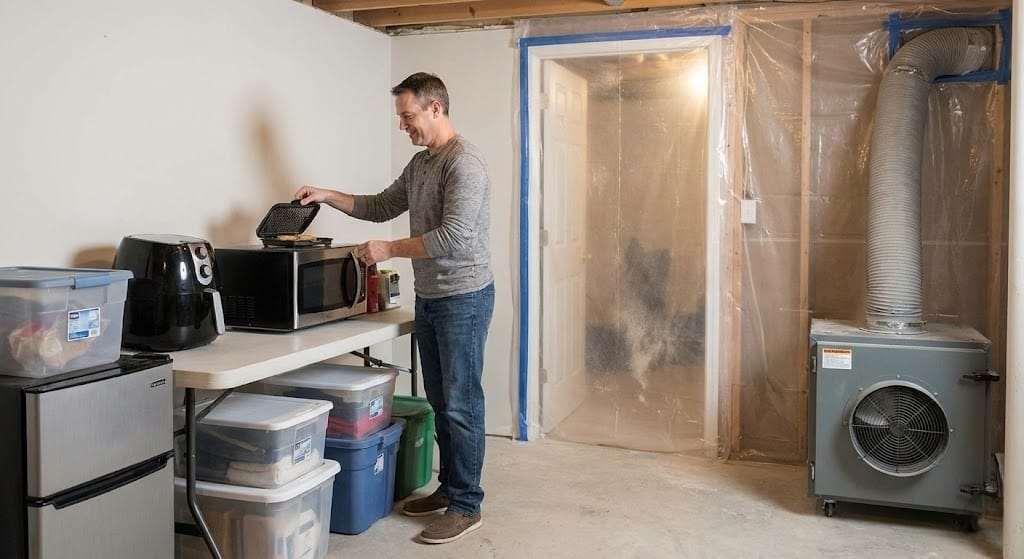 A homeowner uses a makeshift basement kitchen with an industrial air scrubber and plastic dust containment barrier while living in the house during a remodel.