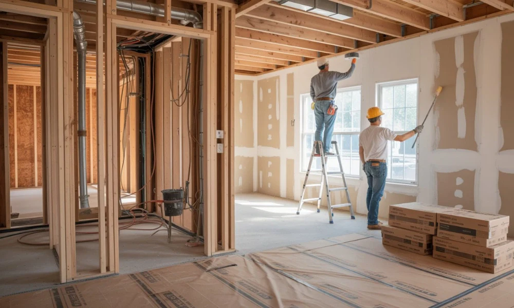 Two workers painting drywall in new room showing correct order of operations for a home remodel