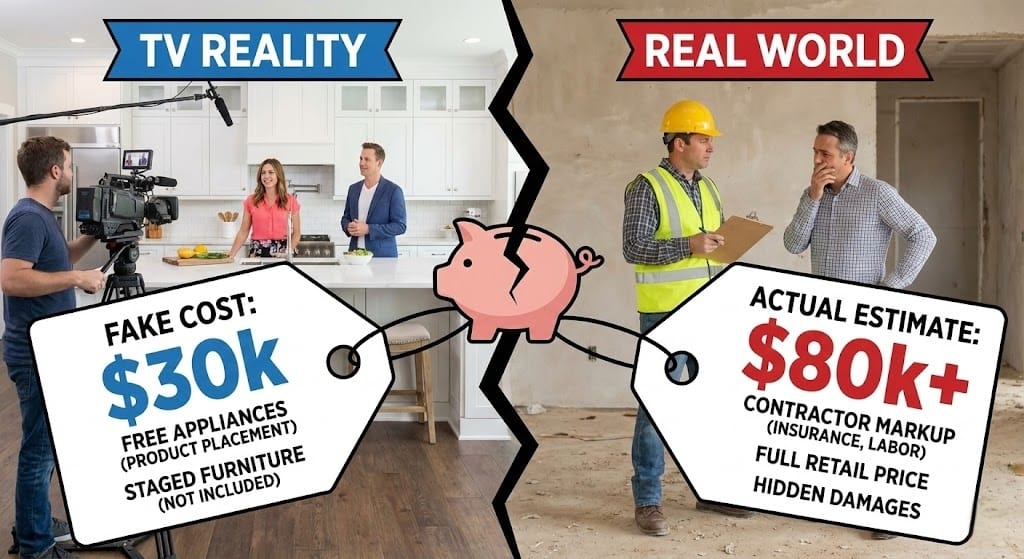 Infographic comparing fake $30k TV renovation costs vs actual $80k+ real-world estimates.