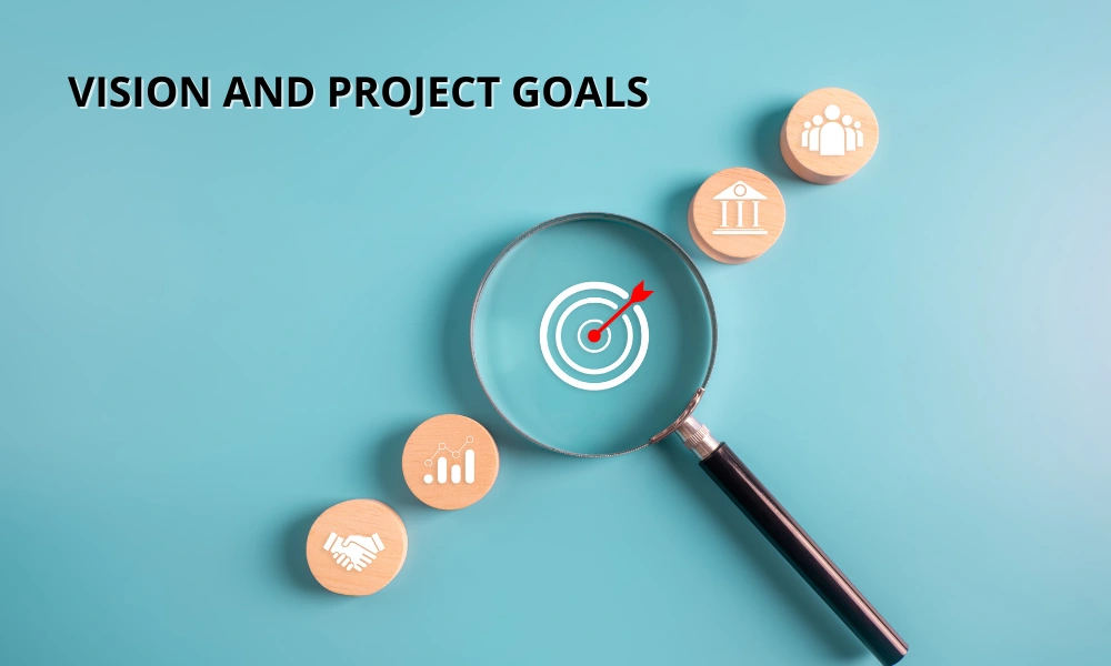 Magnifying glass on target with icons for partnership growth community and governance illustrating vision and project goals