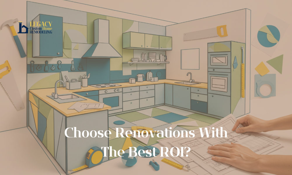 Modern kitchen design concept with geometric patterns and pastel colors, featuring cabinetry, a range hood, and countertops. Hands holding blueprints imply planning. Text reads "Choose Renovations With The Best ROI?" with a remodeling company logo in the corner.