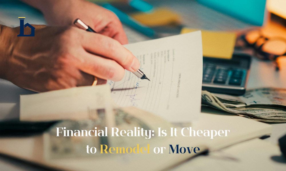 Hand writing checks near a calculator and cash, comparing the real cost to remodel vs move for homeowners.
