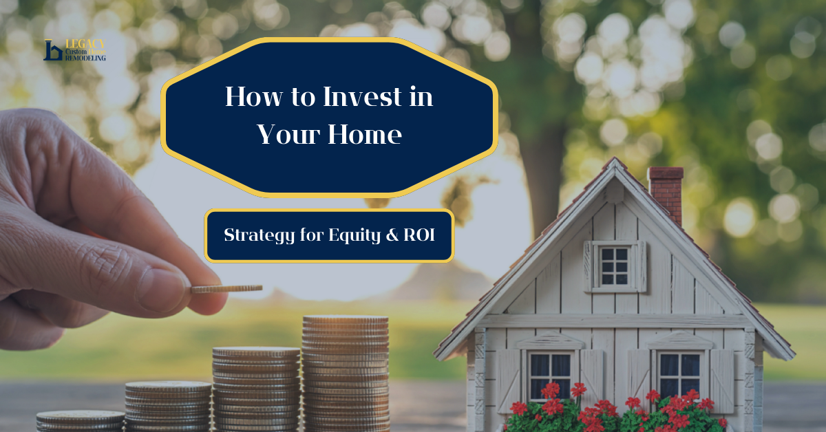 A hand places a coin on stacked coins beside a model house, symbolizing investment. The text reads, "How to Invest in Your Home: Strategy for Equity & ROI." The tone is informative.