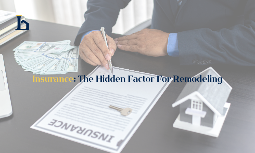 Person signing insurance documents beside a small house model and cash, insurance considerations that affect home remodeling budgets.