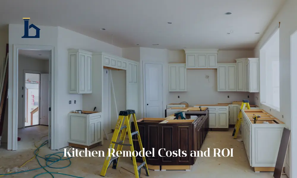 Kitchen under renovation with ladders and cabinets, text reads kitchen remodel costs and ROI