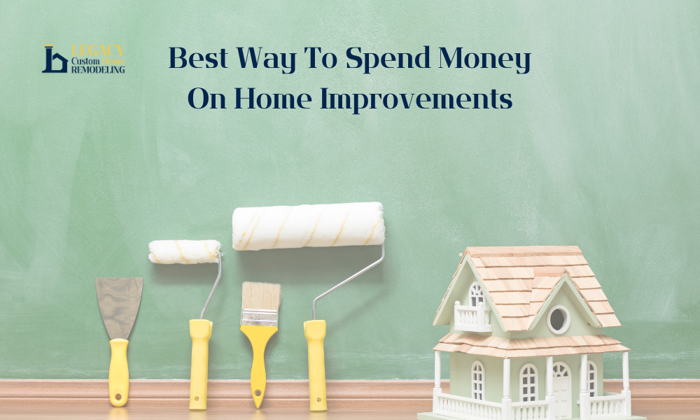 A chalkboard with text "Best Way to Spend Money on Home Improvements" and a logo above painting tools and a small house model on a wooden surface.