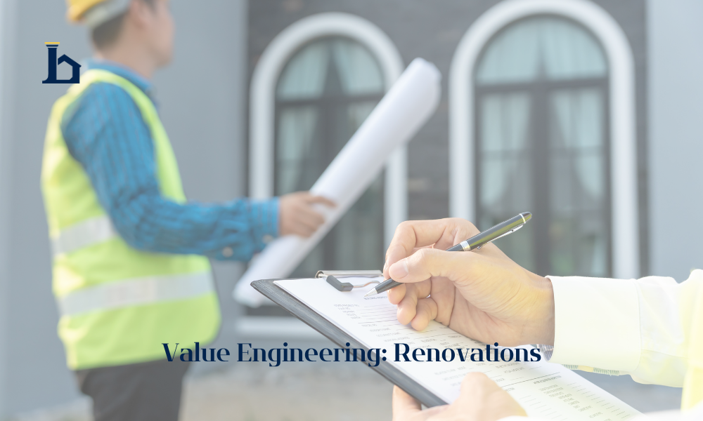 Contractor reviewing renovation plans on a clipboard, value engineering options to reduce remodel costs and keep quality high.